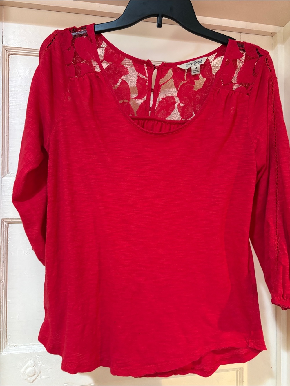 Lucky Brand Bright Red Lace-Yoke Long Sleeve Tee
